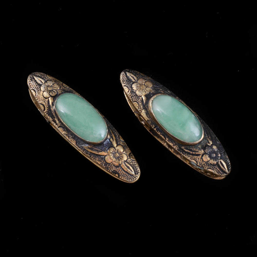 Two Early 20th Century Chinese Export 880 Silver and Jadeite Dress or Tie Clips