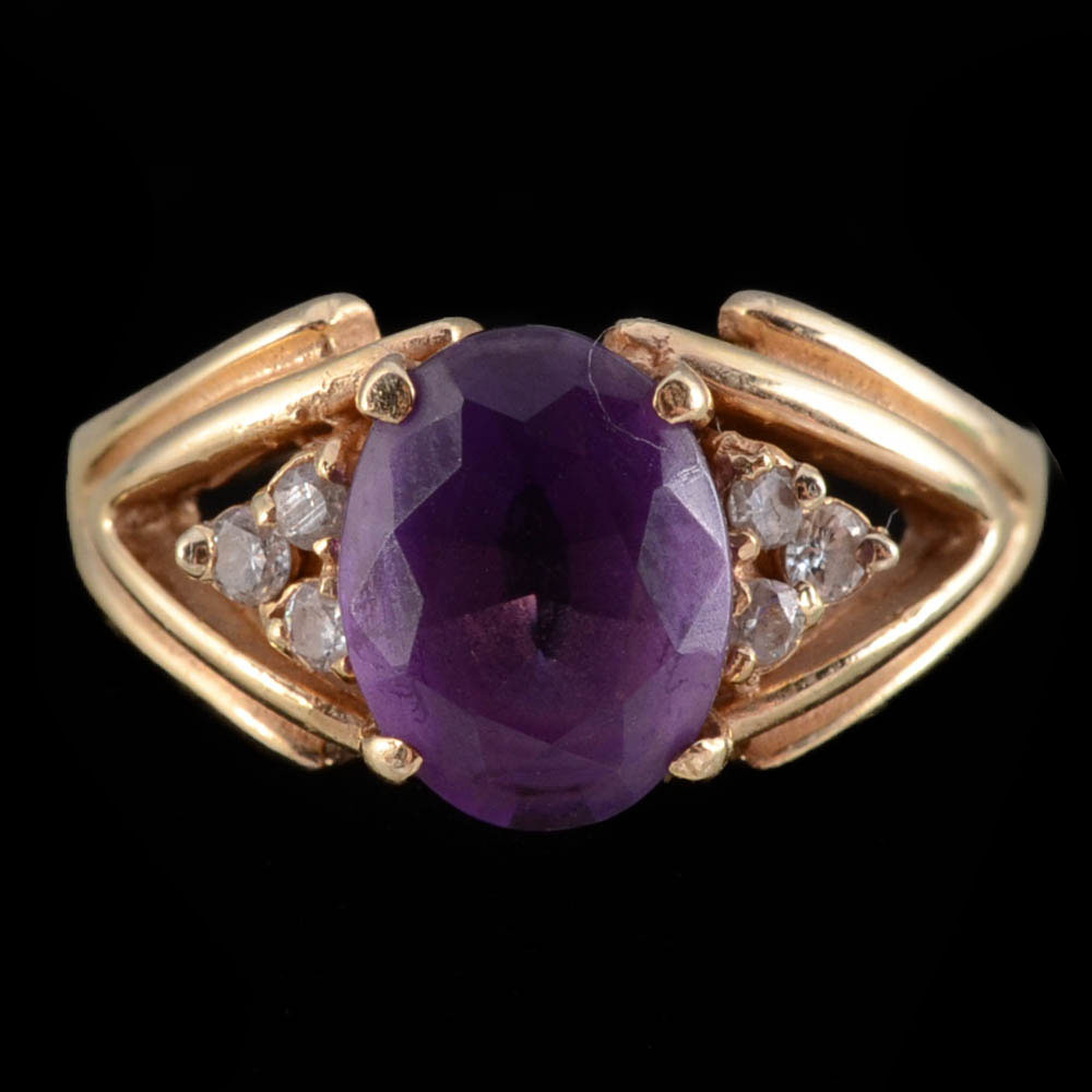 14K Yellow Gold Amethyst and Diamond Earrings