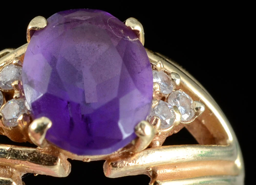 14K Yellow Gold Amethyst and Diamond Earrings