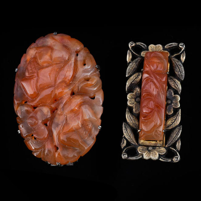 Two Early 20th Century Chinese Export Silver and Carved Carnelian Dress Clips