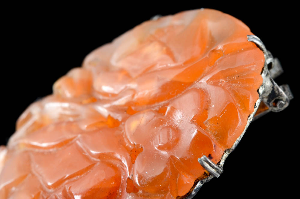 Two Early 20th Century Chinese Export Silver and Carved Carnelian Dress Clips