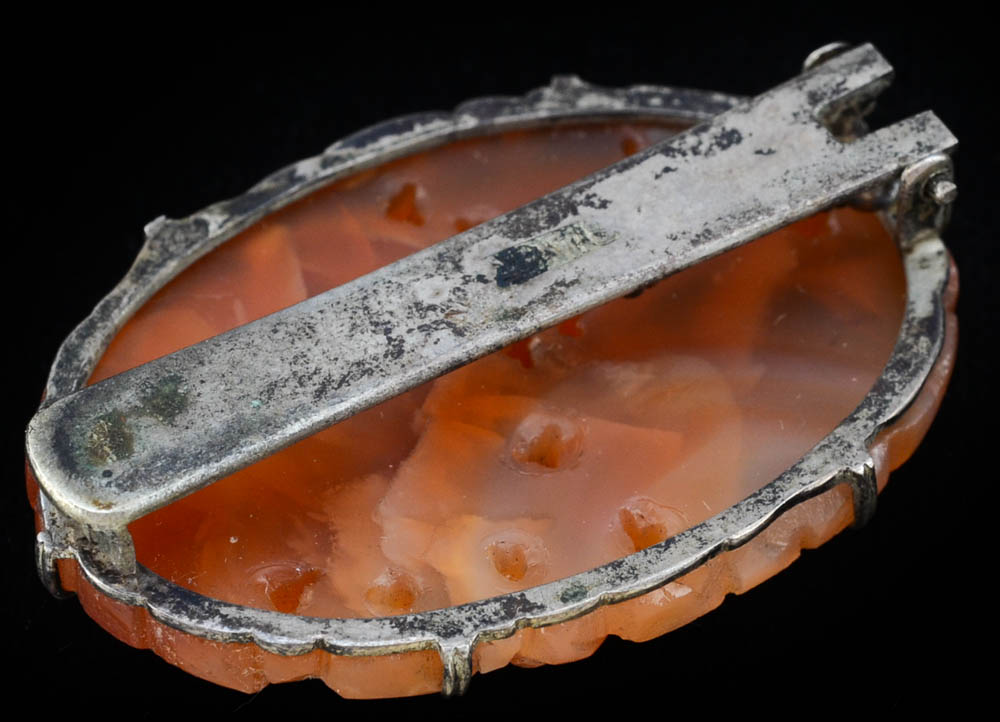 Two Early 20th Century Chinese Export Silver and Carved Carnelian Dress Clips