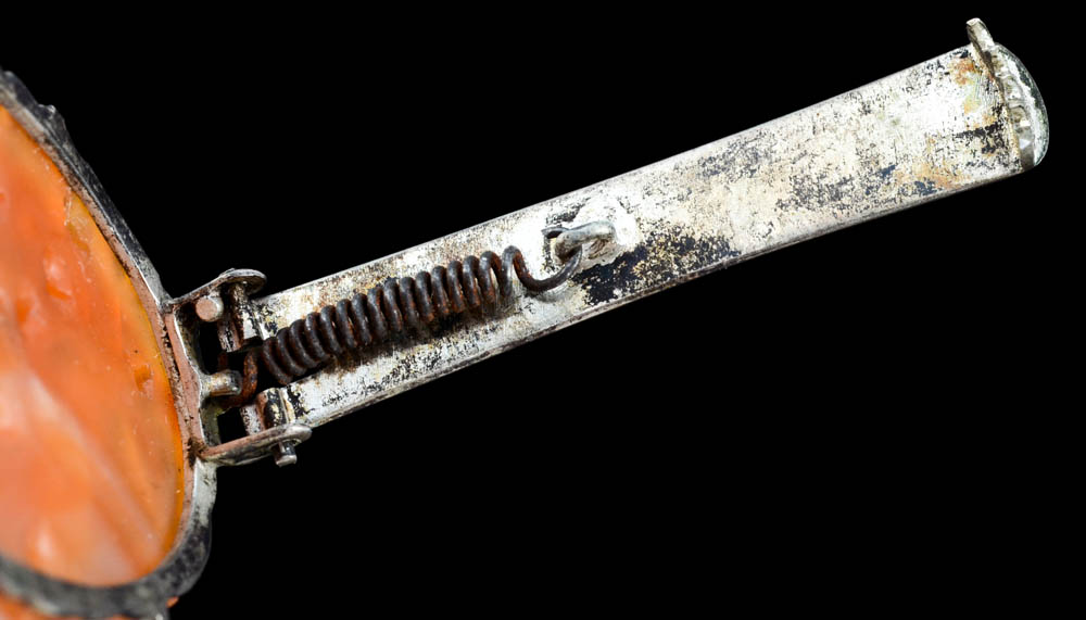 Two Early 20th Century Chinese Export Silver and Carved Carnelian Dress Clips