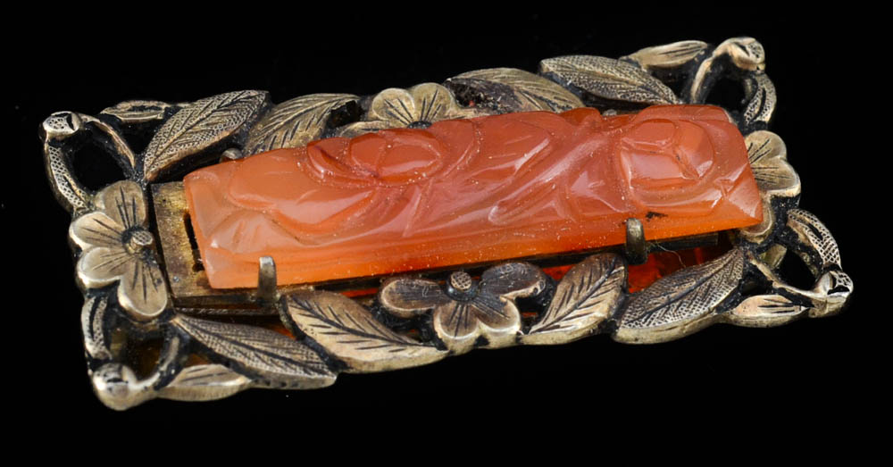 Two Early 20th Century Chinese Export Silver and Carved Carnelian Dress Clips