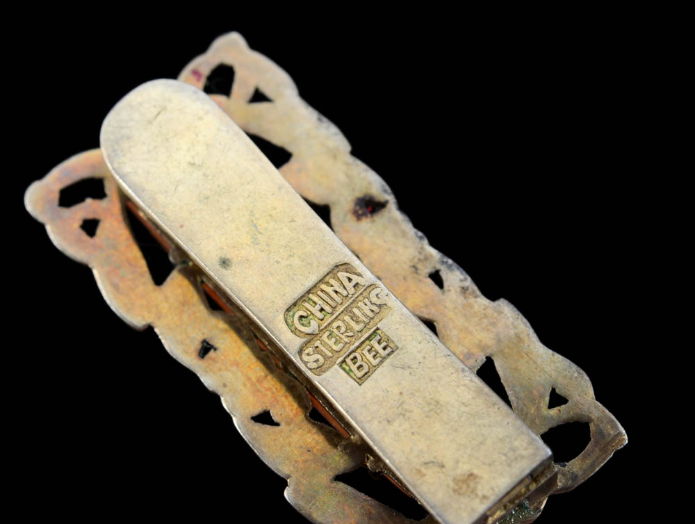 Two Early 20th Century Chinese Export Silver and Carved Carnelian Dress Clips