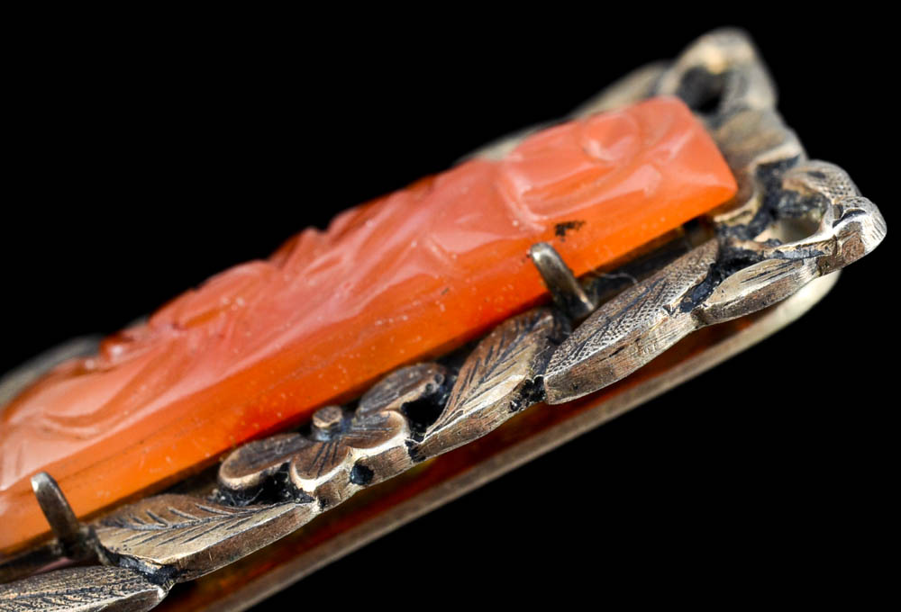Two Early 20th Century Chinese Export Silver and Carved Carnelian Dress Clips
