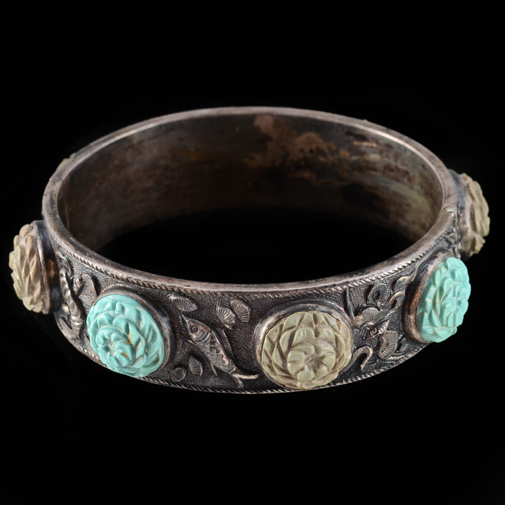 Early 20th Century Chinese Export Sterling Silver, Carved Turquoise and Lava Stone Hinge Bracelet