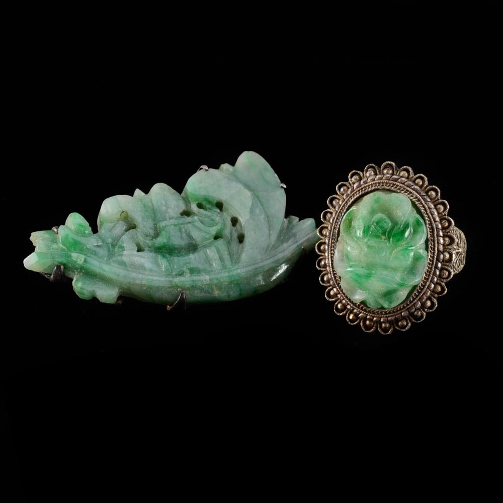Early 20th Century Chinese Export 840 Silver and Carved Jadeite Filigree Ring and Pin