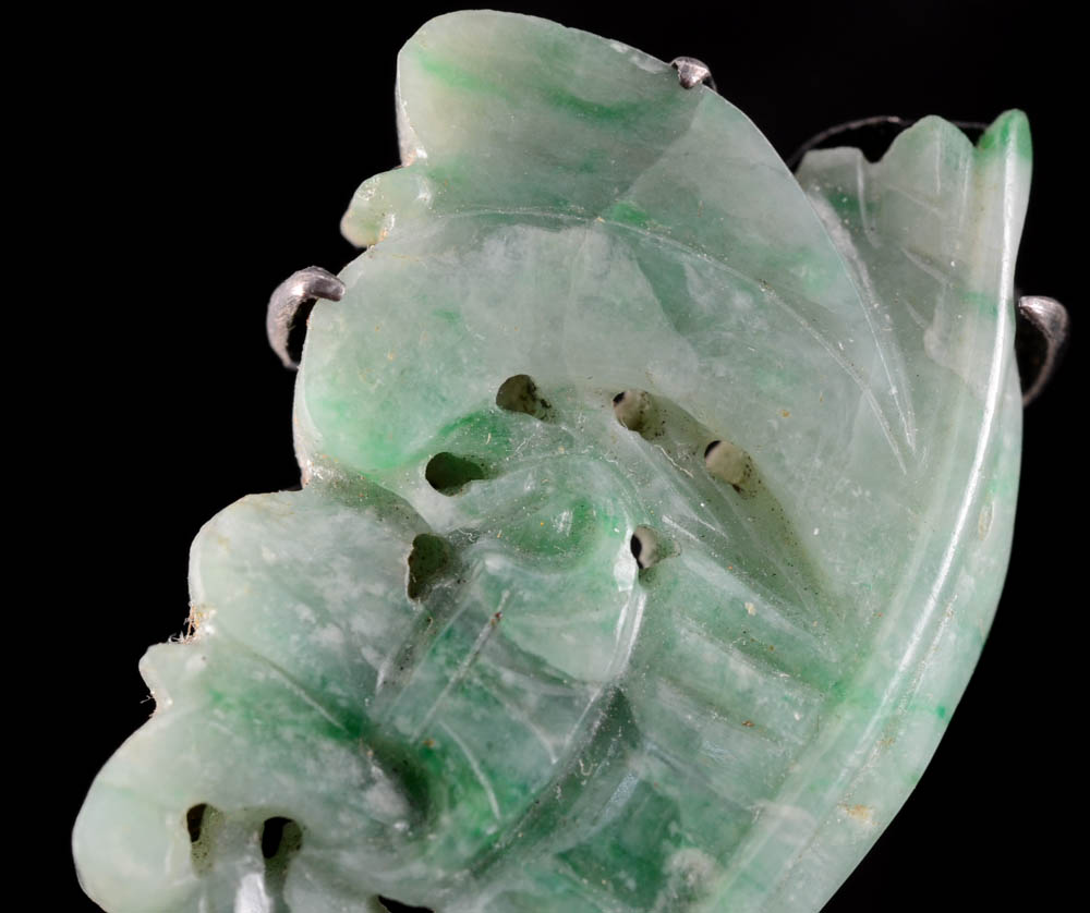 Early 20th Century Chinese Export 840 Silver and Carved Jadeite Filigree Ring and Pin