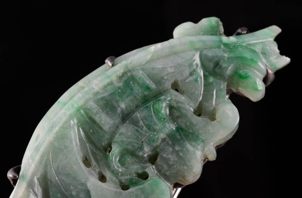 Early 20th Century Chinese Export 840 Silver and Carved Jadeite Filigree Ring and Pin