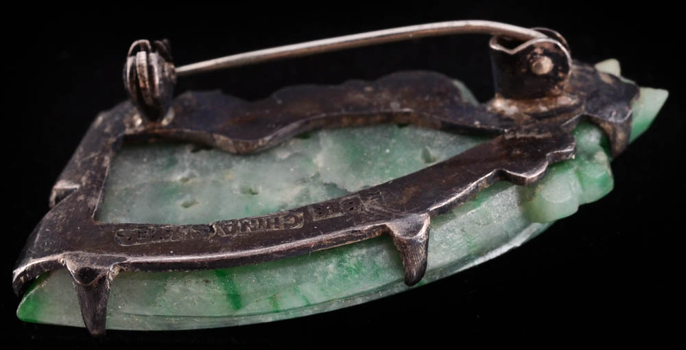 Early 20th Century Chinese Export 840 Silver and Carved Jadeite Filigree Ring and Pin