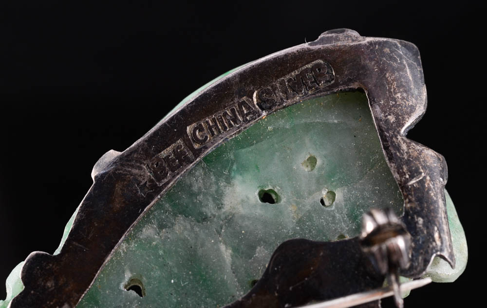 Early 20th Century Chinese Export 840 Silver and Carved Jadeite Filigree Ring and Pin