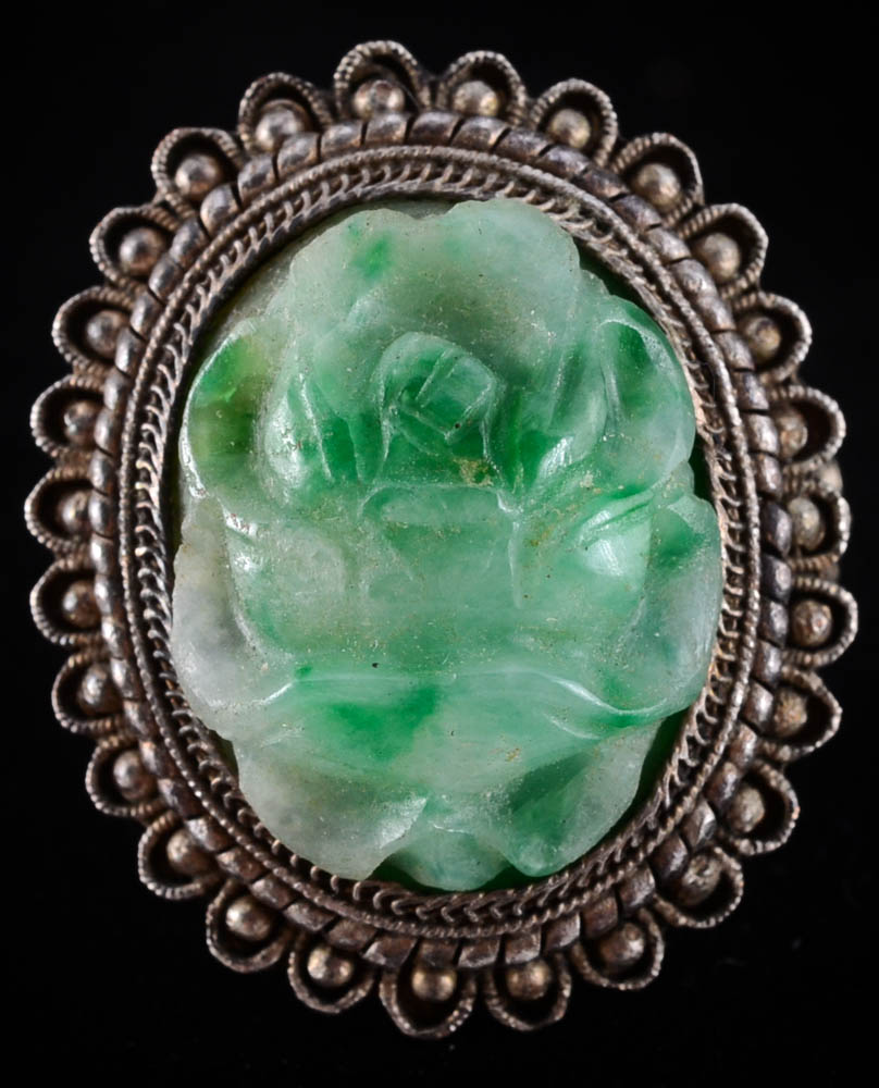 Early 20th Century Chinese Export 840 Silver and Carved Jadeite Filigree Ring and Pin