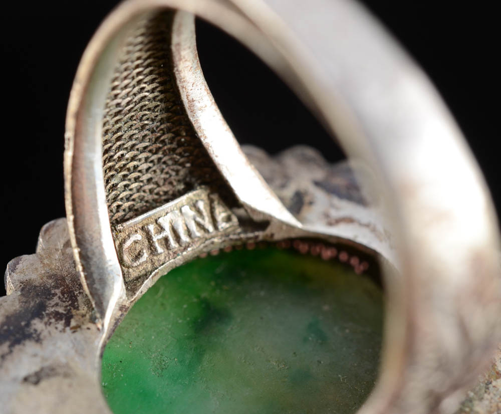 Early 20th Century Chinese Export 840 Silver and Carved Jadeite Filigree Ring and Pin