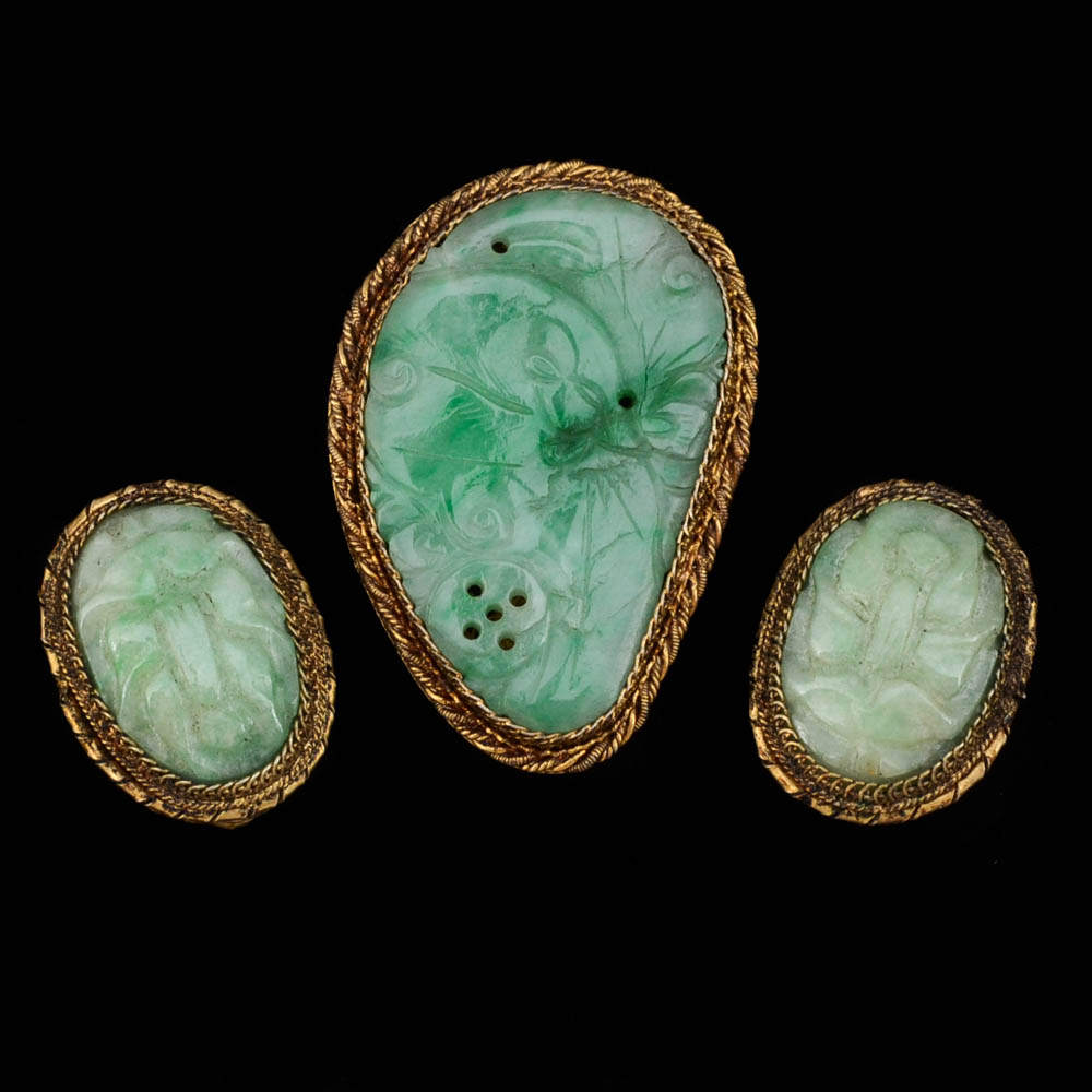 Two Early 20th Century Chinese Export 870 and 800 Silver and Carved Jadeite Dress Clips