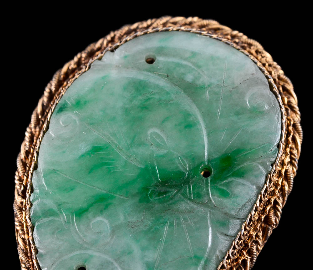 Two Early 20th Century Chinese Export 870 and 800 Silver and Carved Jadeite Dress Clips