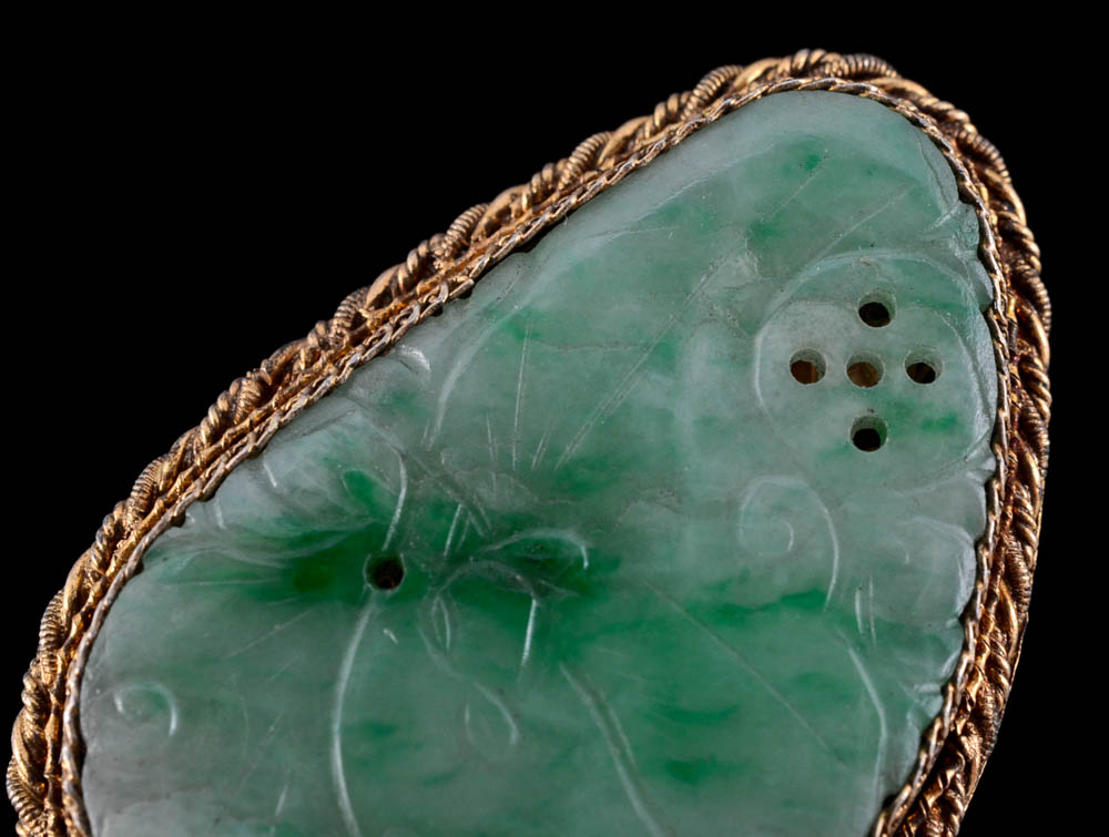 Two Early 20th Century Chinese Export 870 and 800 Silver and Carved Jadeite Dress Clips