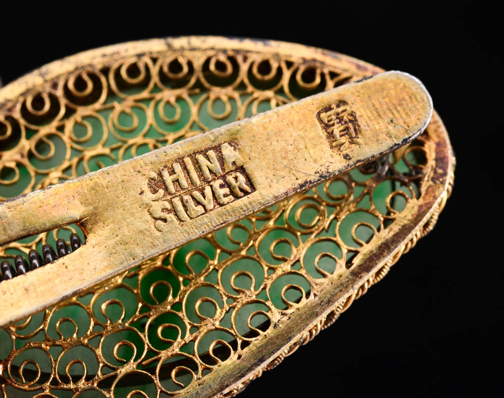 Two Early 20th Century Chinese Export 870 and 800 Silver and Carved Jadeite Dress Clips