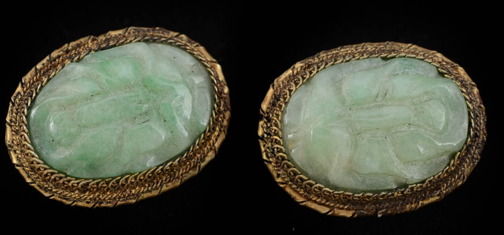 Two Early 20th Century Chinese Export 870 and 800 Silver and Carved Jadeite Dress Clips