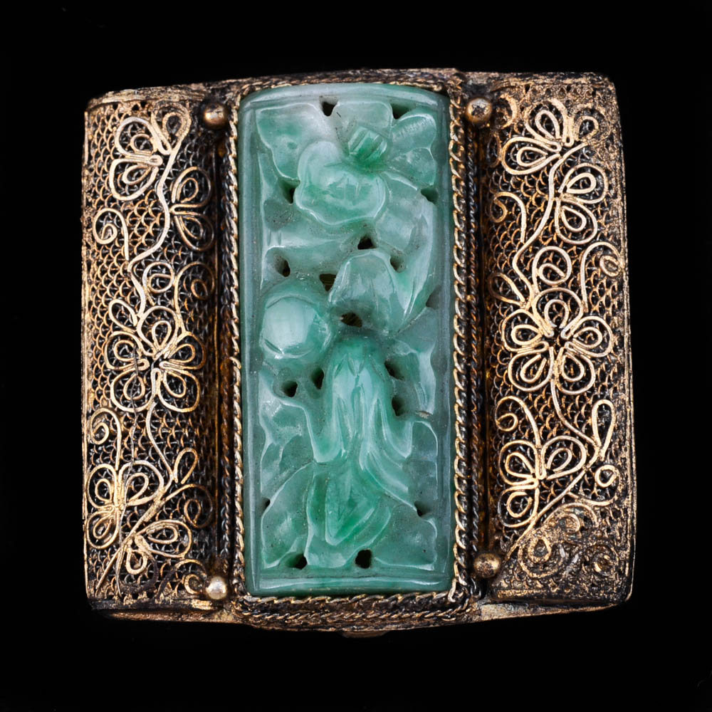 Early 20th Century Chinese Export Brass Filigree and Carved Jadeite Dress Clip