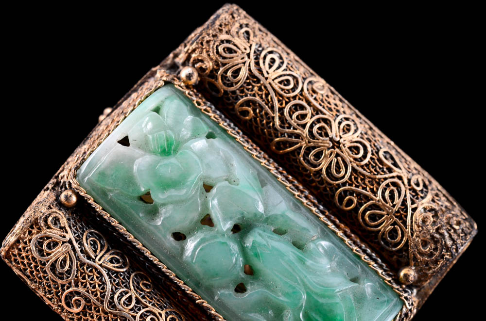 Early 20th Century Chinese Export Brass Filigree and Carved Jadeite Dress Clip