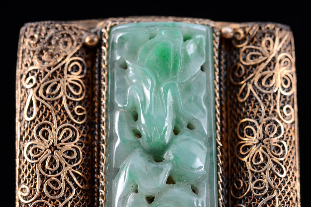 Early 20th Century Chinese Export Brass Filigree and Carved Jadeite Dress Clip