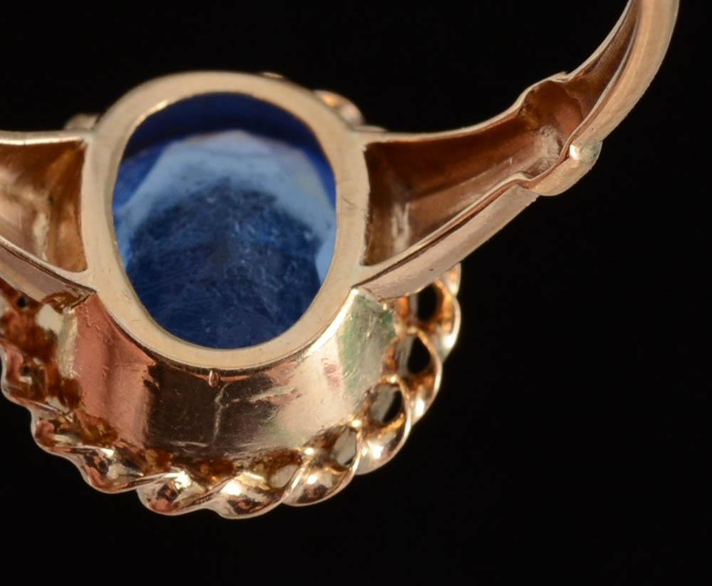 10K Yellow Gold Blue Glass Ring