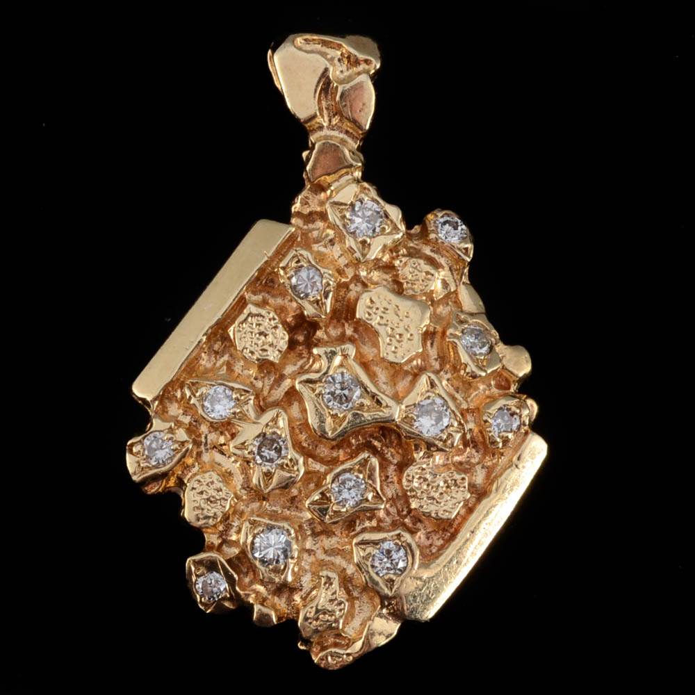 14K Yellow Gold and Diamond Brutalist Style Pendant