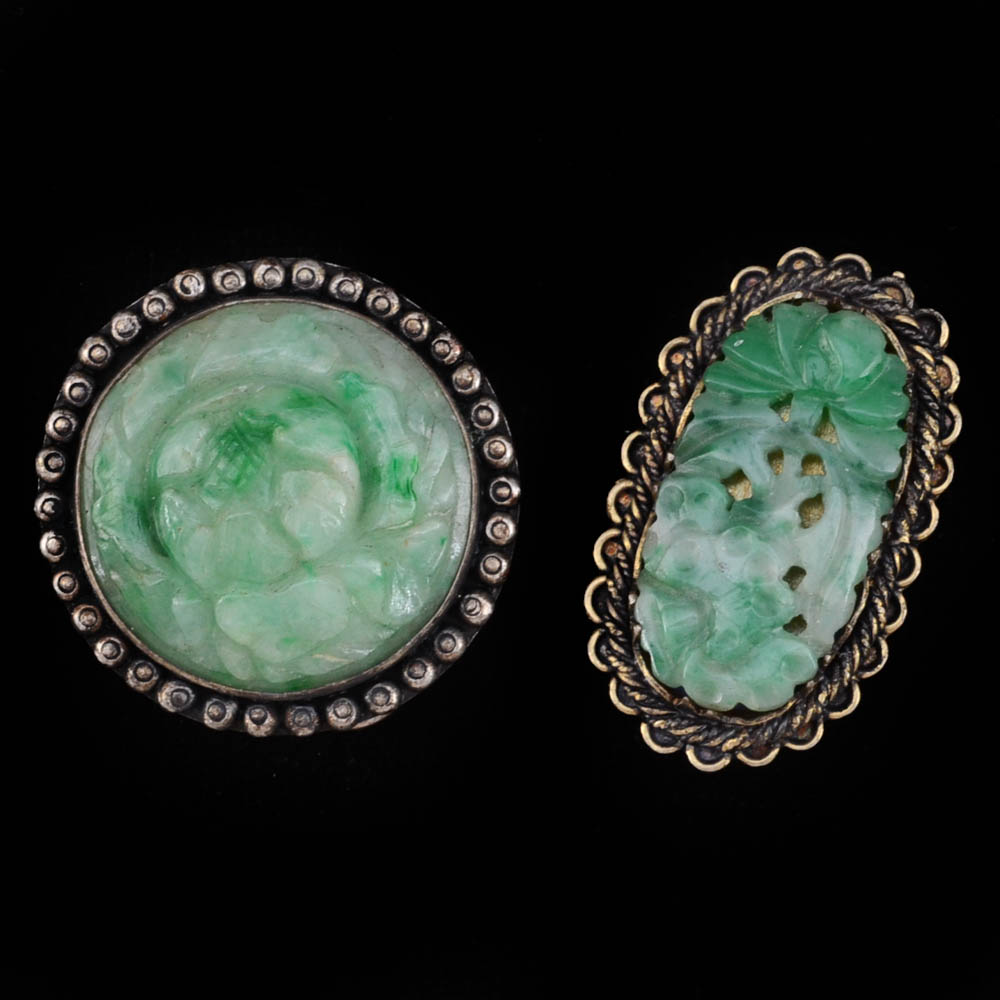 Early 20th Century Chinese Export Sterling Silver and Jadeite Filigree Dress Clip and 840 Silver Dress Clip