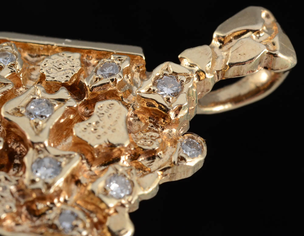 14K Yellow Gold and Diamond Brutalist Style Pendant