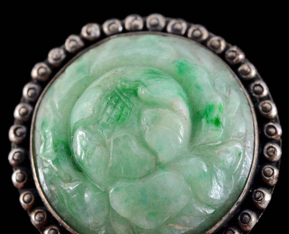 Early 20th Century Chinese Export Sterling Silver and Jadeite Filigree Dress Clip and 840 Silver Dress Clip