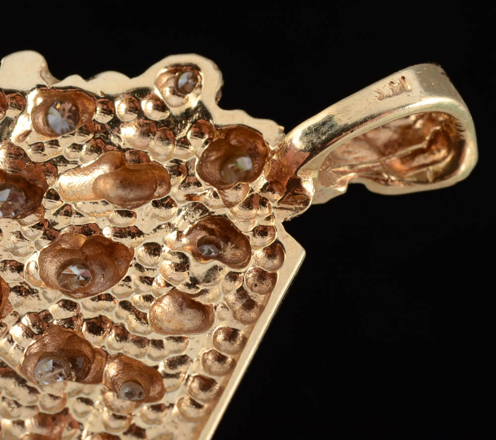 14K Yellow Gold and Diamond Brutalist Style Pendant