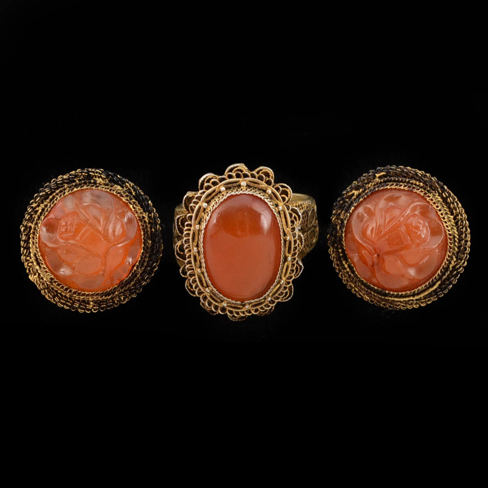 Early 20th Century Chinese Export 900 Silver and Carved Carnelian Filigree Ring and Screw Back Earrings