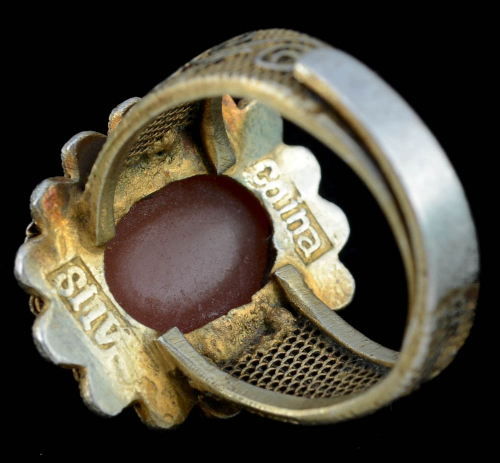 Early 20th Century Chinese Export 900 Silver and Carved Carnelian Filigree Ring and Screw Back Earrings