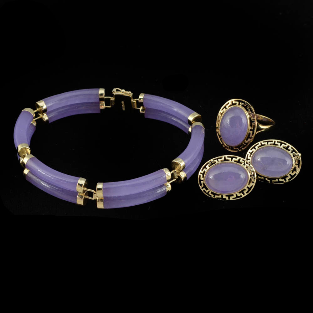 Chinese 14K Yellow Gold and Dyed Lavender Jadeite Grand-Parure Suite
