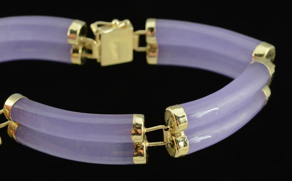Chinese 14K Yellow Gold and Dyed Lavender Jadeite Grand-Parure Suite