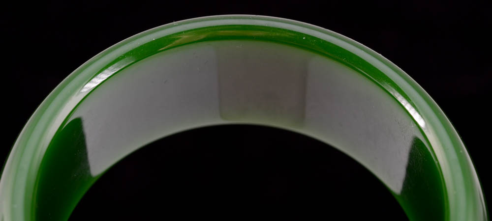 Carved and Polished Green Glass Synthetic Bangle with Chinese Presentation Box