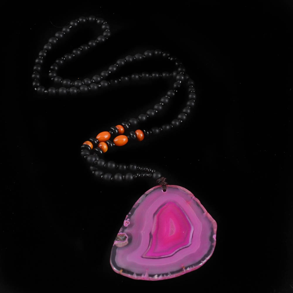 Chinese Black Glass and Amber Beaded Necklace with Sliced Natural Dyed Pink Agate Pendant