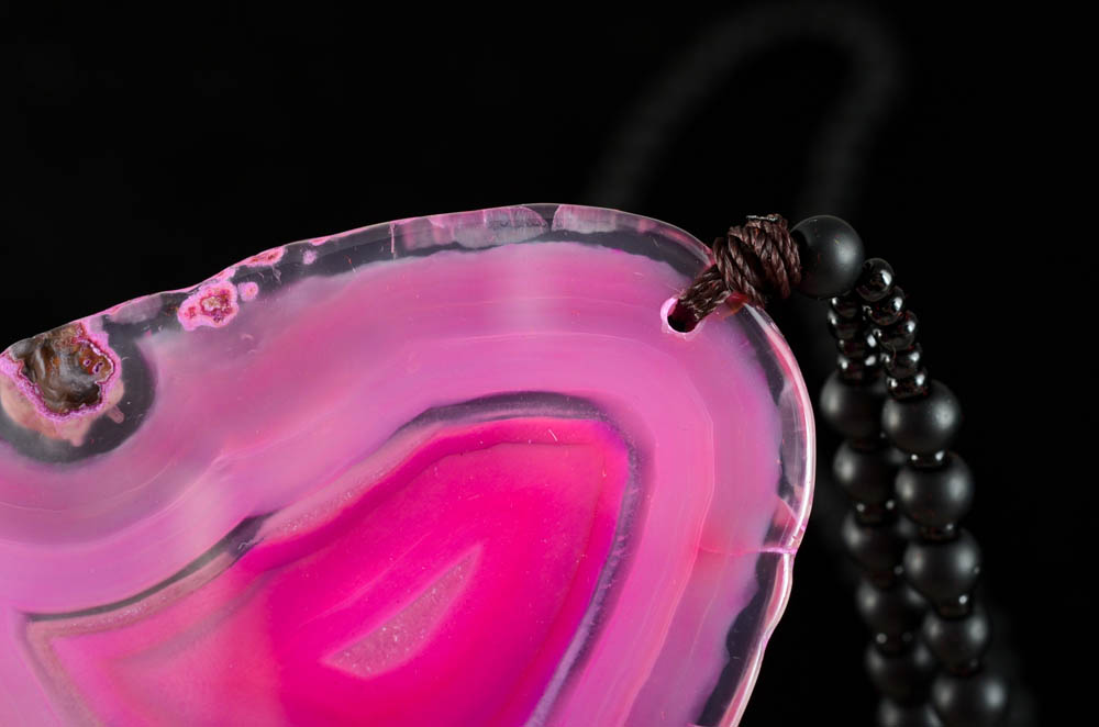 Chinese Black Glass and Amber Beaded Necklace with Sliced Natural Dyed Pink Agate Pendant