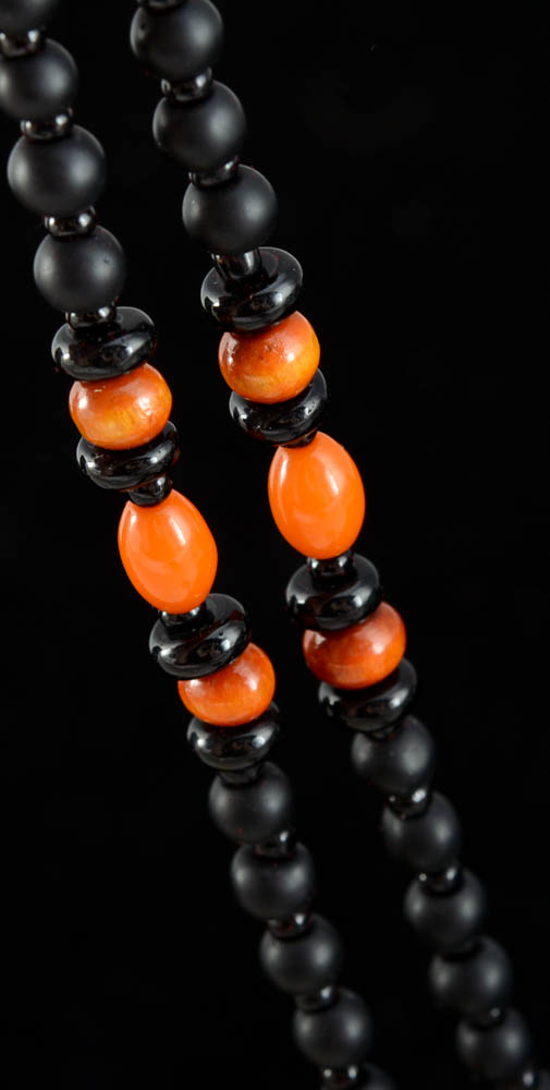 Chinese Black Glass and Amber Beaded Necklace with Sliced Natural Dyed Pink Agate Pendant
