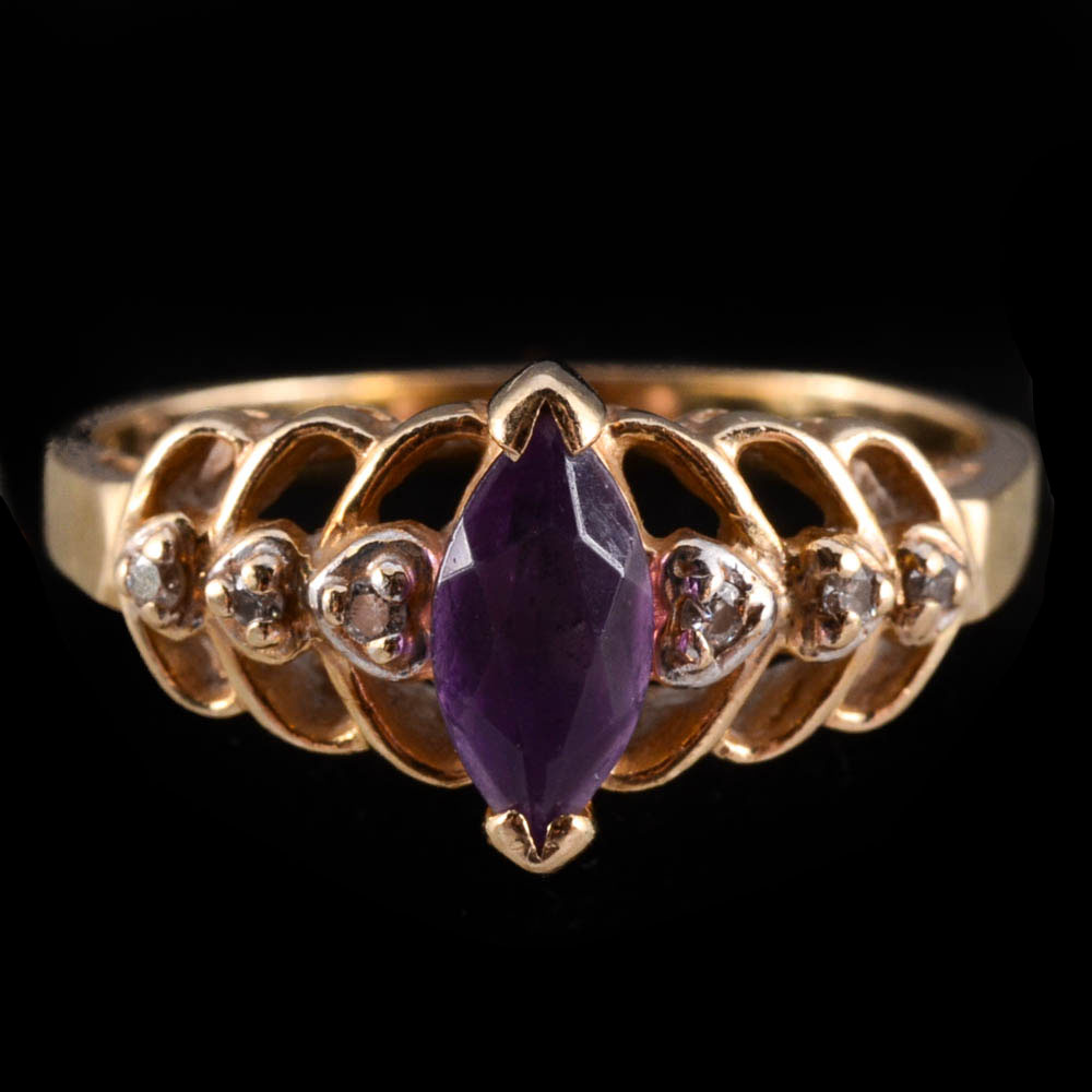 14K Yellow Gold Plumb Amethyst and Diamond Openwork Ring