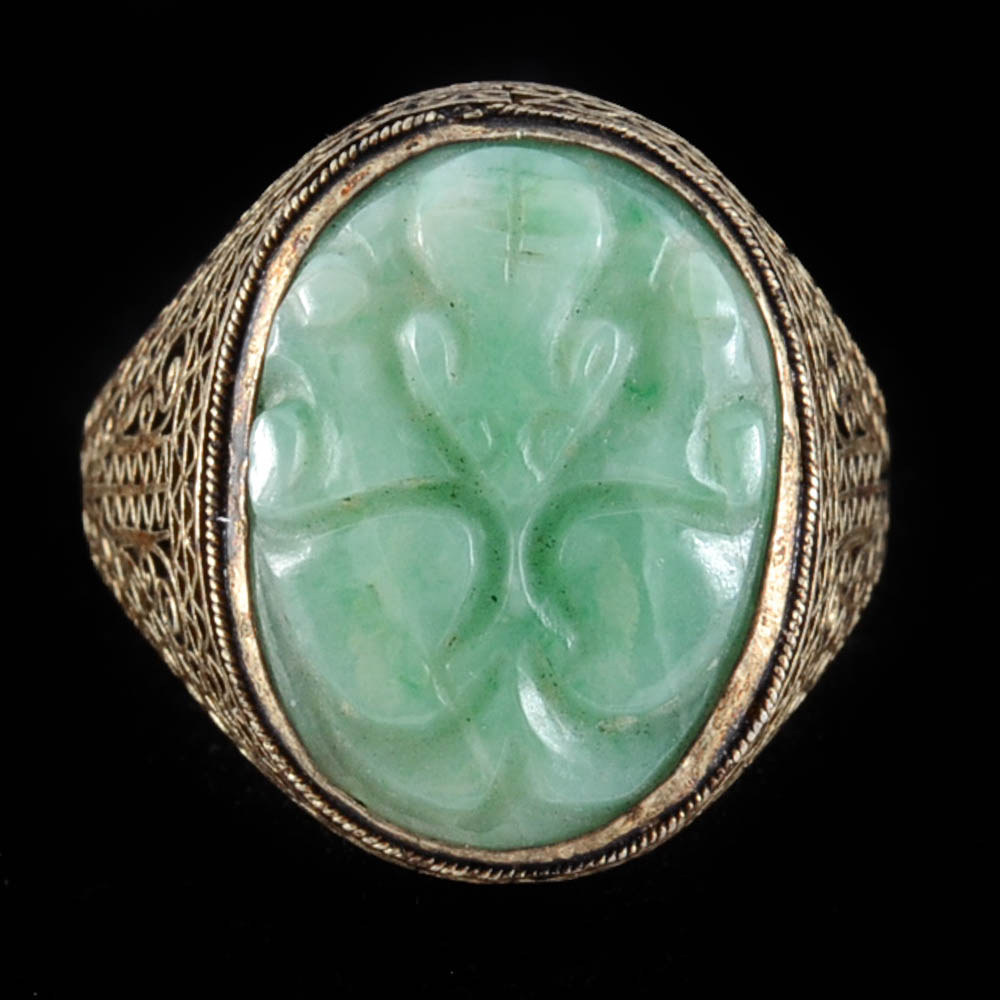 Early 20th Century Chinese Export 830 Silver and Carved Jadeite Filigree Ring