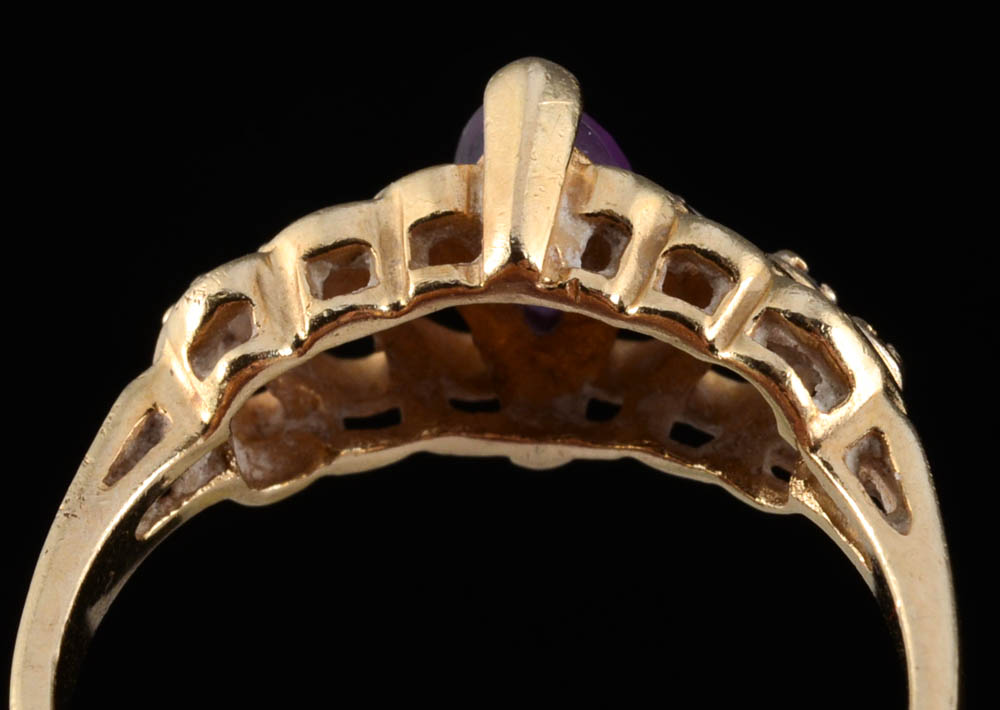 14K Yellow Gold Plumb Amethyst and Diamond Openwork Ring