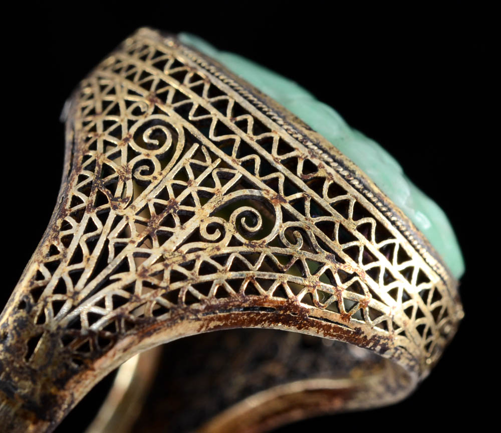 Early 20th Century Chinese Export 830 Silver and Carved Jadeite Filigree Ring