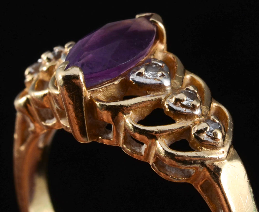 14K Yellow Gold Plumb Amethyst and Diamond Openwork Ring