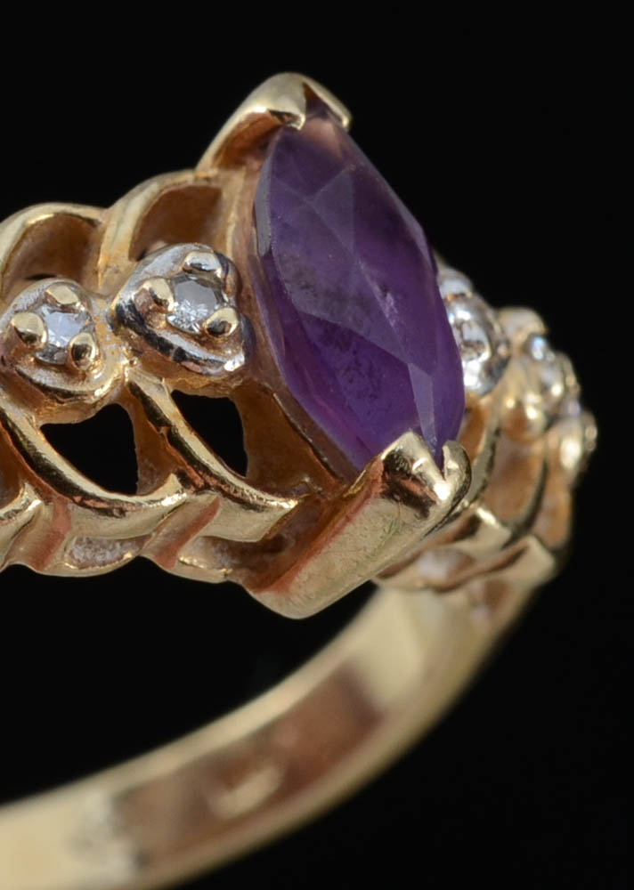 14K Yellow Gold Plumb Amethyst and Diamond Openwork Ring