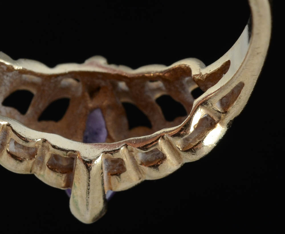 14K Yellow Gold Plumb Amethyst and Diamond Openwork Ring