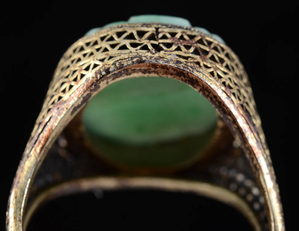 Early 20th Century Chinese Export 830 Silver and Carved Jadeite Filigree Ring