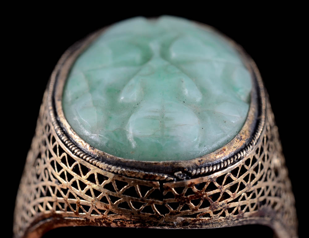 Early 20th Century Chinese Export 830 Silver and Carved Jadeite Filigree Ring