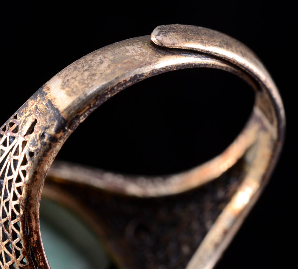Early 20th Century Chinese Export 830 Silver and Carved Jadeite Filigree Ring